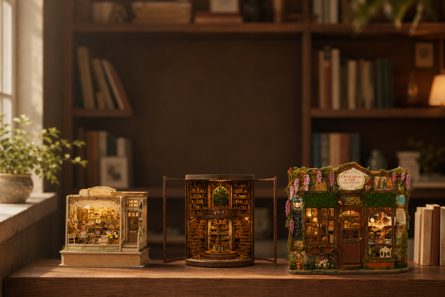 HiNooki Best Sellers miniature kits in a warm reading nook