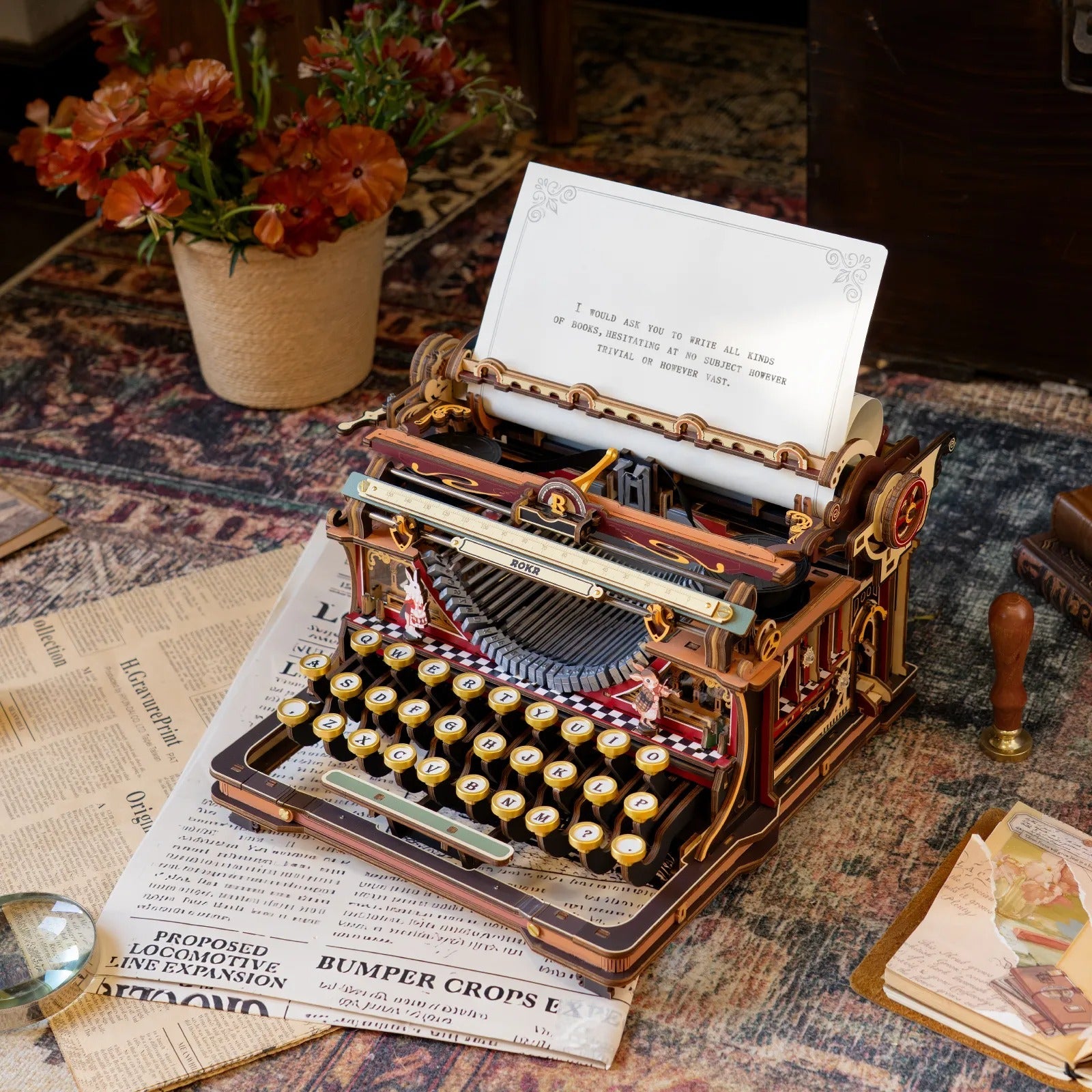 Mechanical Typewriter – 3D wooden puzzle kit, HiNooki (image 1)