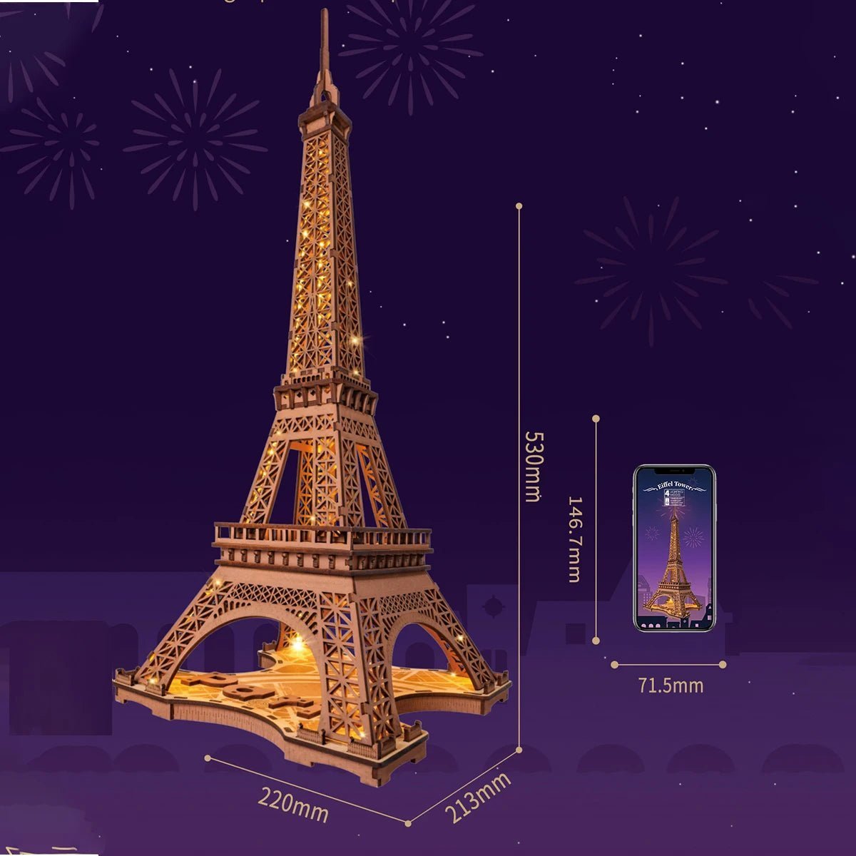 Night of the Eiffel Tower – 3D wooden puzzle kit, HiNooki (image 5)