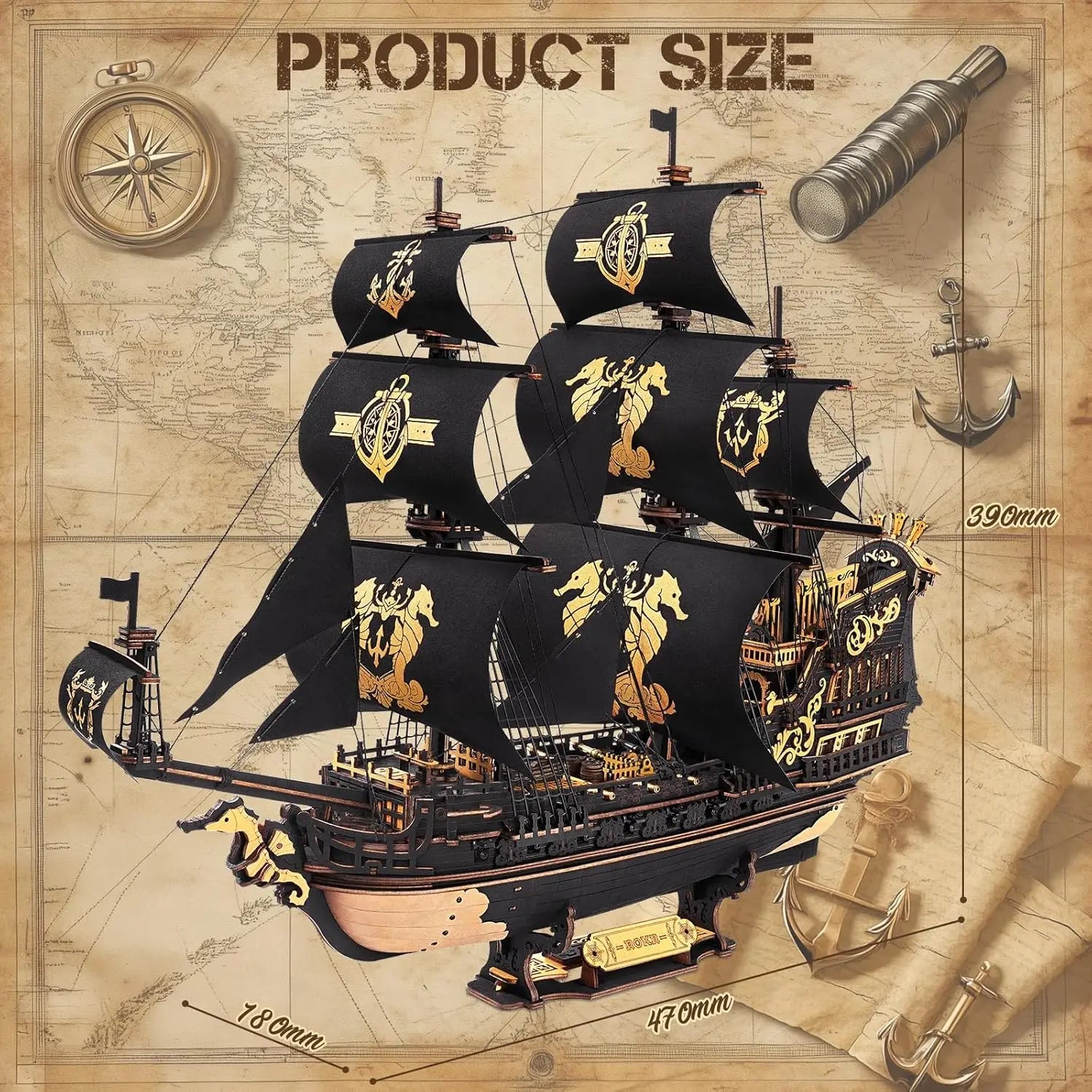 The Seahorse Barque – 3D wooden puzzle kit, HiNooki (image 4)
